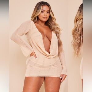 Pretty little thing SHAPE STONE LADDER KNIT COWL FLARE SLEEVE BODYCON Mini Dress